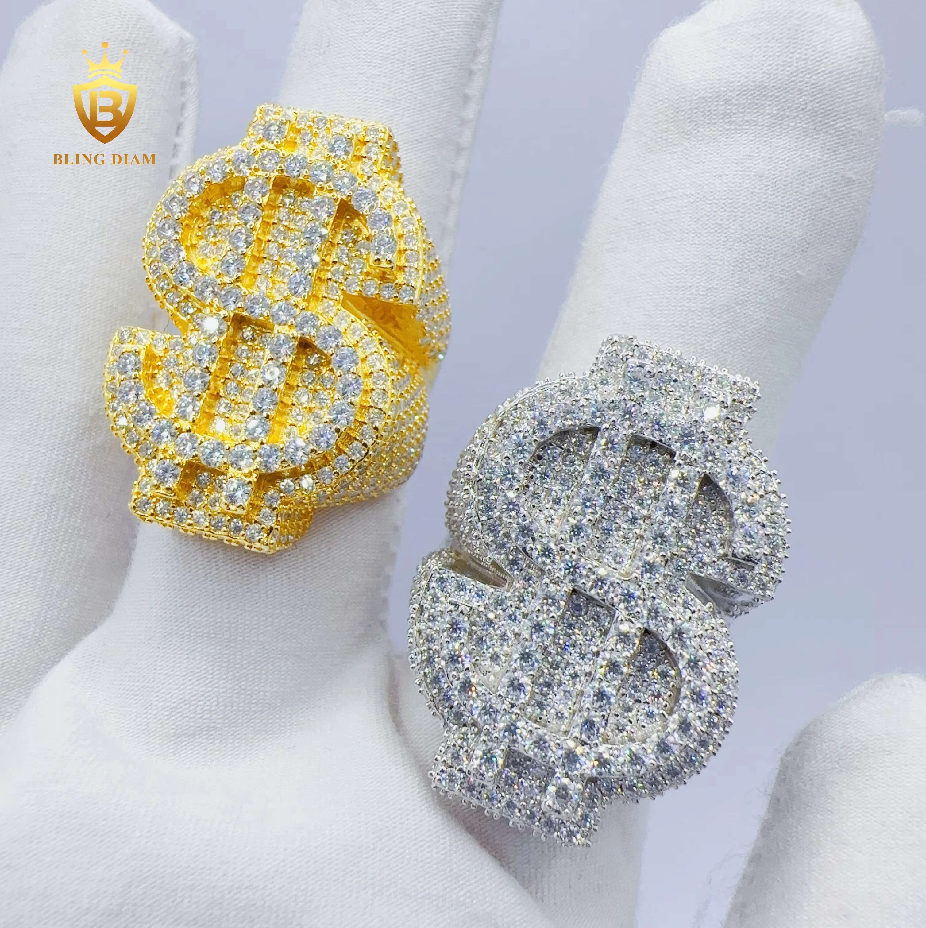 Blingdiam Jewelry Custom Hip Hop Ring 925 Sterling Silver VVS Moissanite Dollar Design Ring for Men