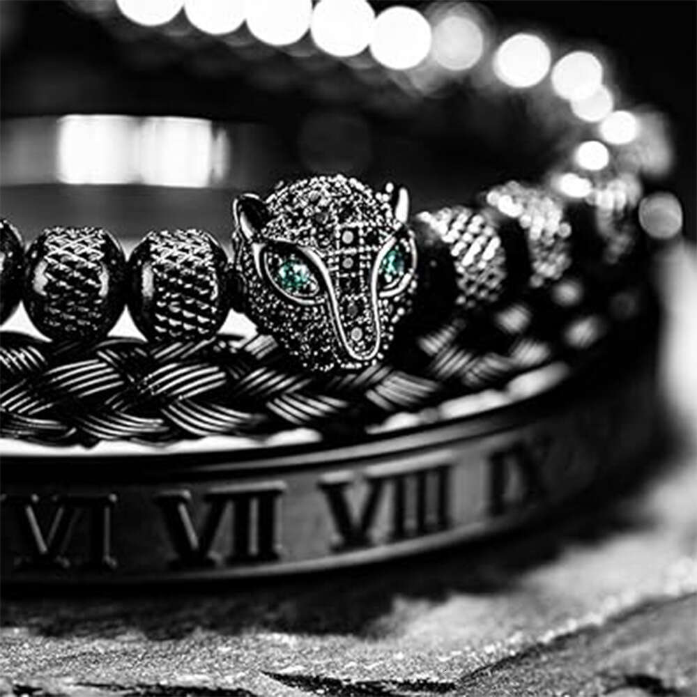 Pineapple beads leopard head zircon woven Fried Dough Twists Roman stainless steel bracelet set