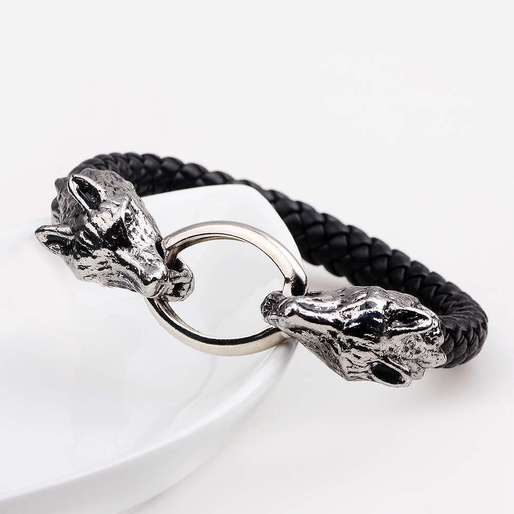 Double headed men's simple and fashionable metal wolf head bracelet, male high-end leather bracelet