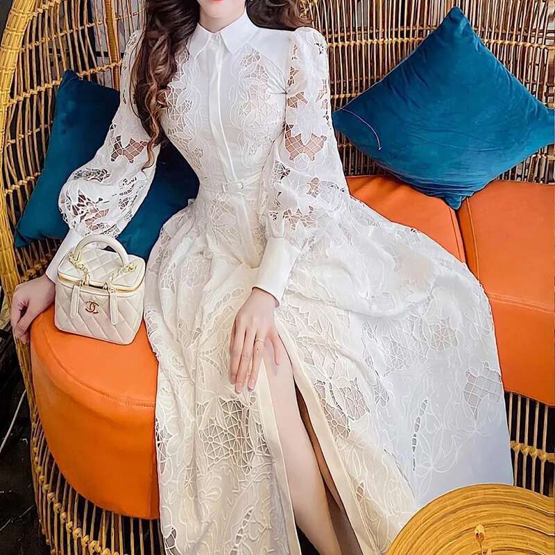 2023 New Women Lace Embroidery Dress Spring Summer Long Sleeve White Wedding Evening Party Hollow Out Vestido Dresses