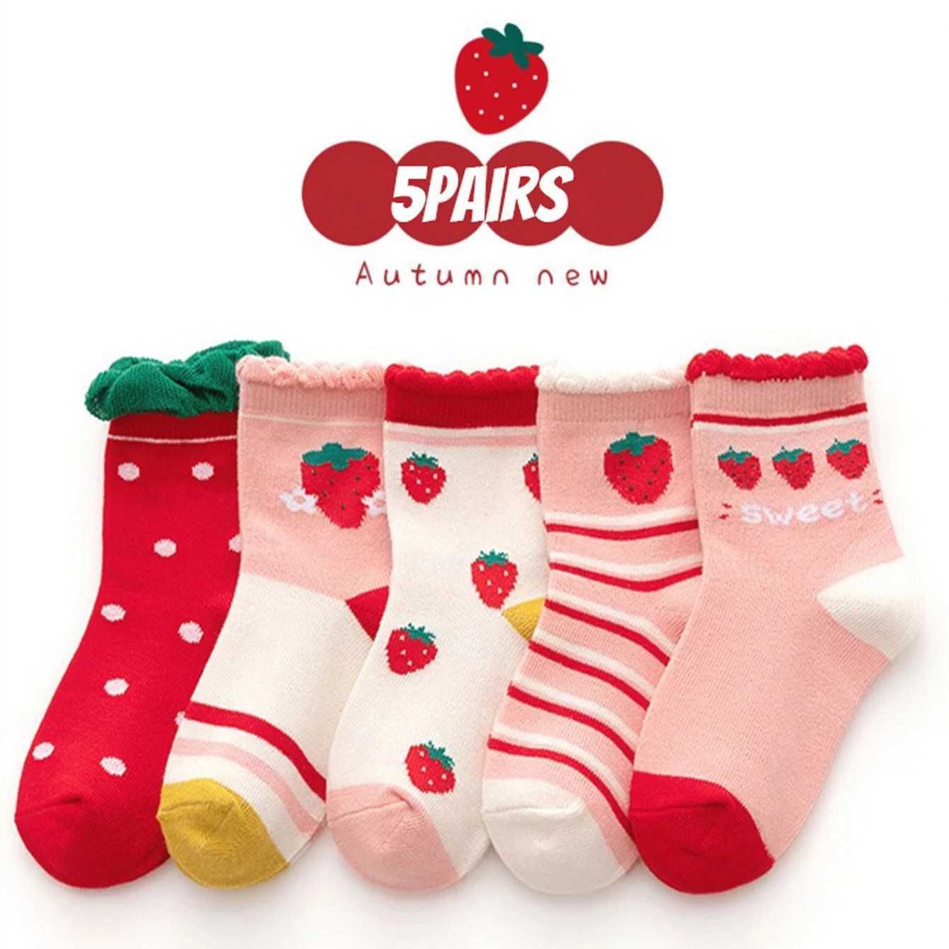 5Pairs Childrens Sweet Socks Autumn/Winter Medium and Large Childrens Socks Cute Strawberry Soft Girl s Middle Tube Socks G251124