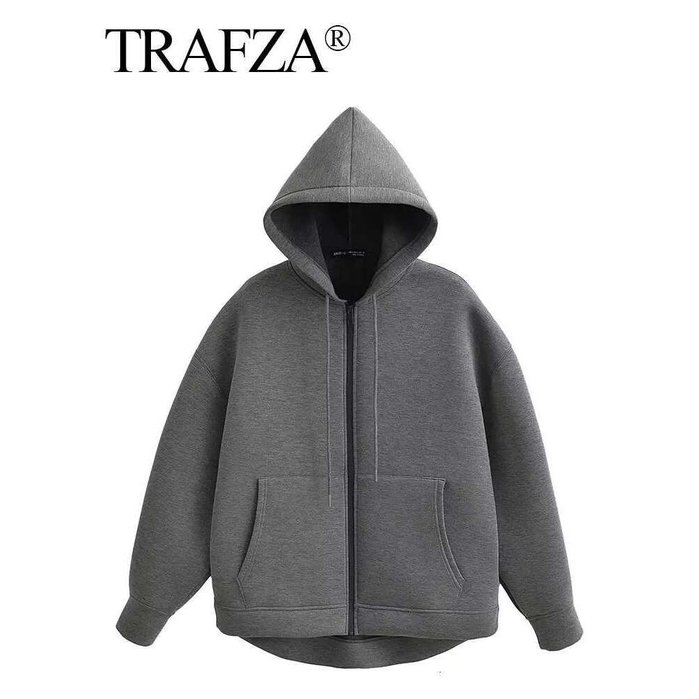 TRAFZA Autumn Women Gray With Hood Long Sleeve Big Pocket Zipper Jacket Woman Loose Casual Outerwear Coat Tops