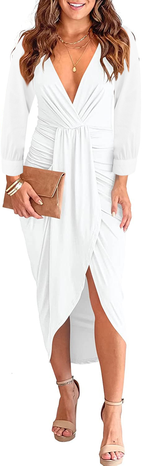 Autumn and winter 2022 solid color V-neck pleated buttock split womens dress women