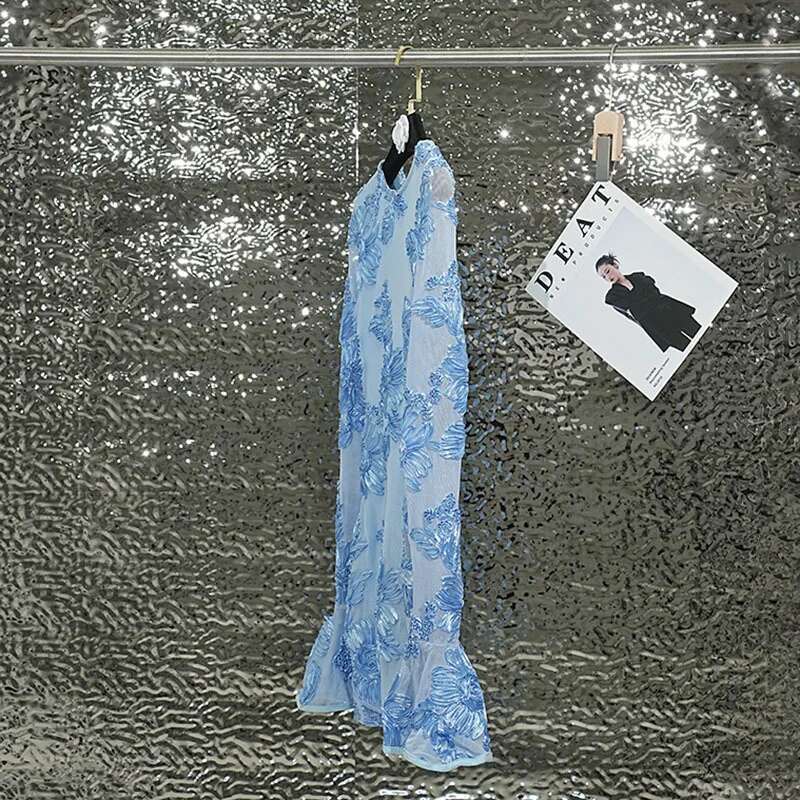 DEAT 2025 Autumn Fashion Trendy Women's Embroidery Flower Back Hollow Out Dress O-Neck Flare Sleeves Dresses Female 11Xx8960