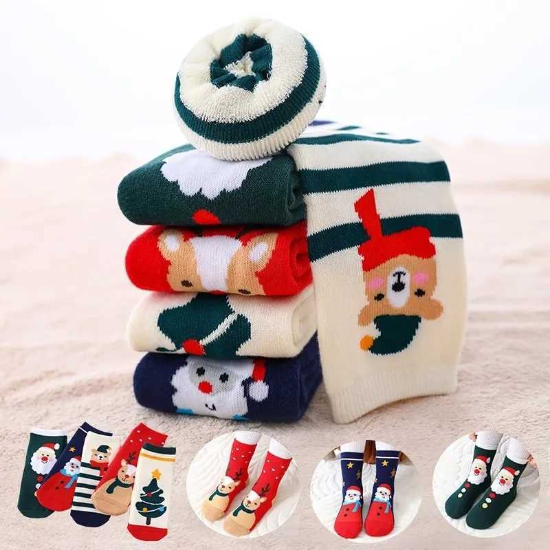 5 Pair Childrens Socks Christmas Thick Woolen Hoop Socks Winter Boys and Girls Warm and Versatile Red Cartoon Mid Tube Socks G251124