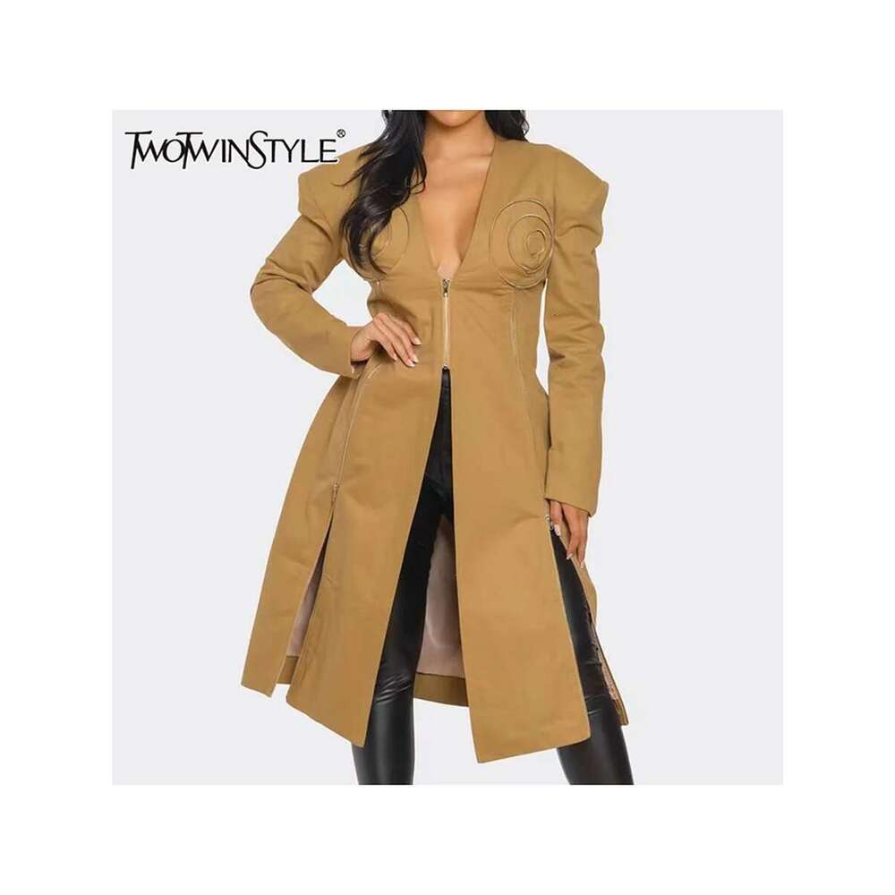 TWOTWINSTYLE Solid Spliced Zipper Chic Jackets For Women V Neck Sleeve Tunic Split Minimalist Long Coats Female Fashion New