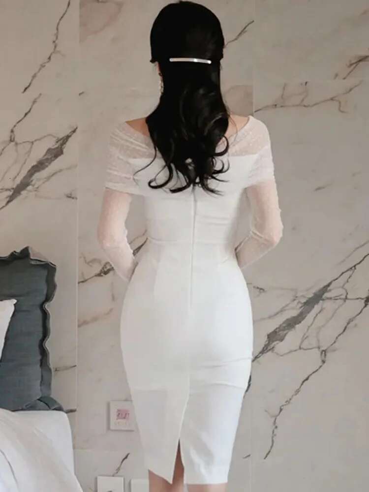 Elegant Office Lady Dress Summer White Lace Sexy Off Shoulder Slash Neck High Waist Tight Temperament Party Women's Dresses