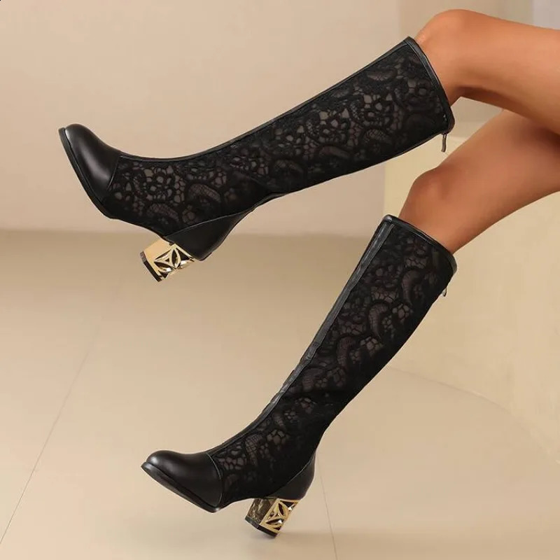 Spring and Autumn Style Fashion square Heel Mesh Hollow Womens Boots Sweet Breathable knee high boots high 5.5cm size 34-47 250418
