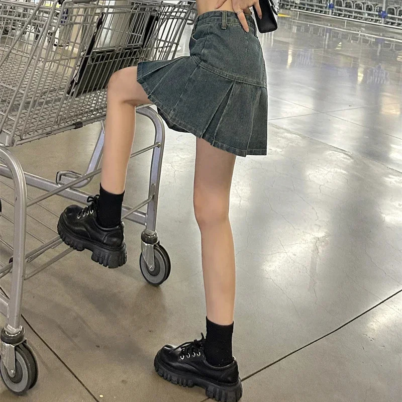 Womens High Waist Elegant Aline Skiing Girl Harajuku Denim Mini Dress Fashion Y2k Blue Packaging Hip Fold 250417