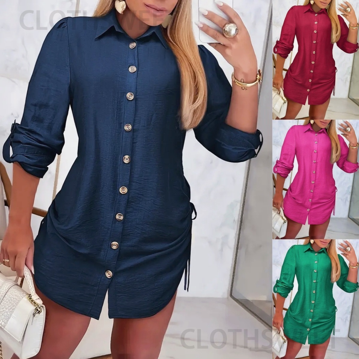 2025 autumn fashion long sleeved solid color double-sided drawstring dress for women