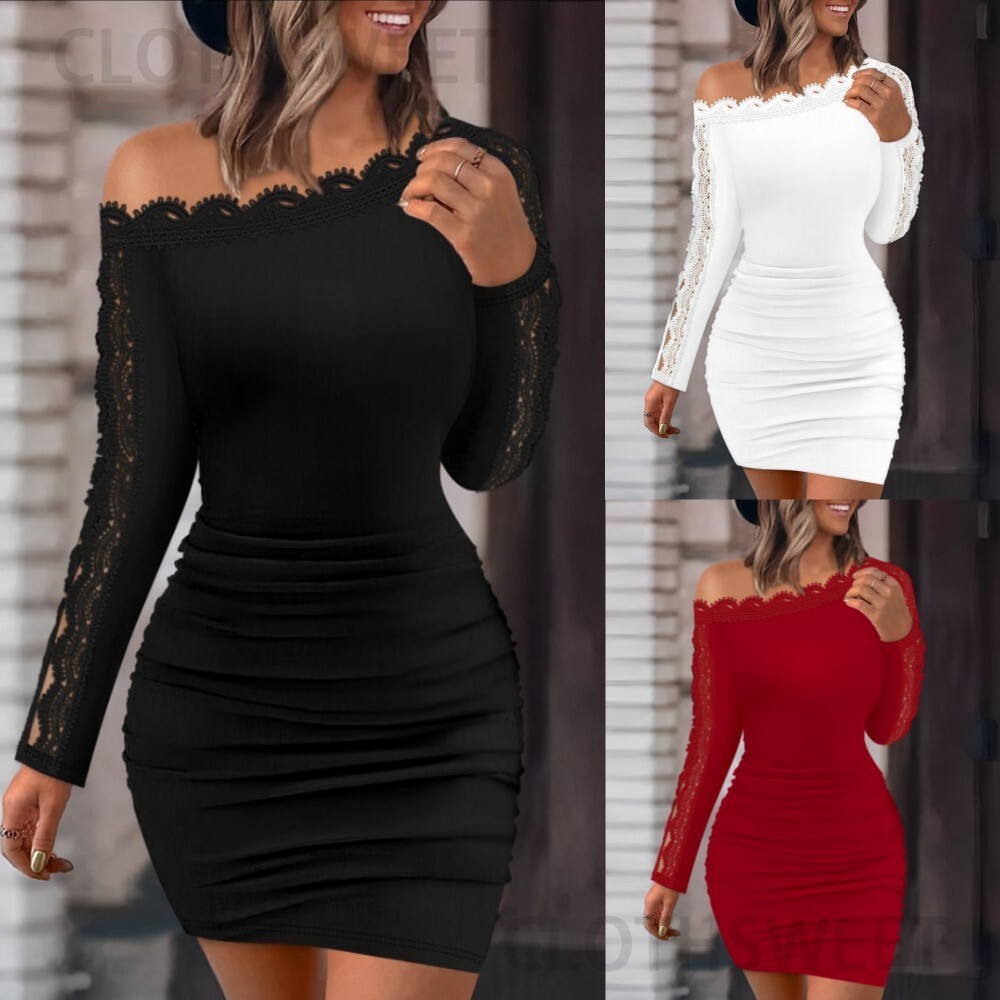 2023 Autumn/Winter New Solid Color Lace Spliced One line Neck Tight Wrapped Hip Sexy Long sleeved Dress for Women