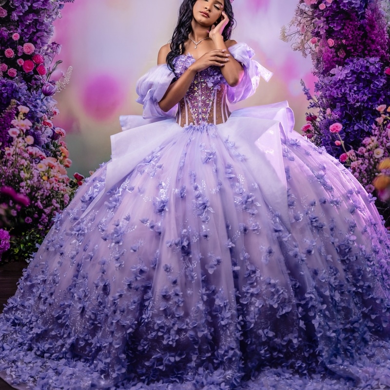Lilac Princess Quinceanera Dresses Off Shoulder Applique Flower Beads Tull Sweet 16 Dress Ball Gown Vestidos 15 De Anos