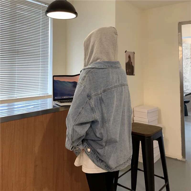 Designer Clothes Women's Hooded Denim Jacket Spring Fall Collection Light Wash Korean-Inspired Oversized Casual Coat Trendy Streetwear Top
