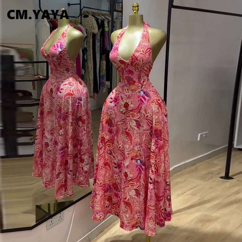 Cm.Yaya Women Paisley Printed Halter Neck Backless Sleeveless Fit And Flare Long Maxi Dress 2025 Chic Birthday Vestidos Dresses