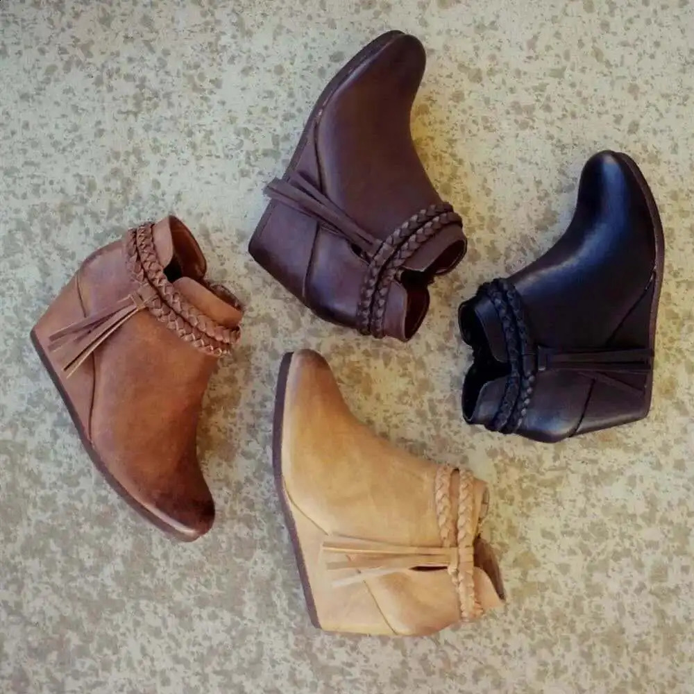 Retro Women Platform Boots Tassel Wedges Boots Women Zipper Solid Color Short Booties Round Toe Shoes for Women Zapatos De Mujer 250418