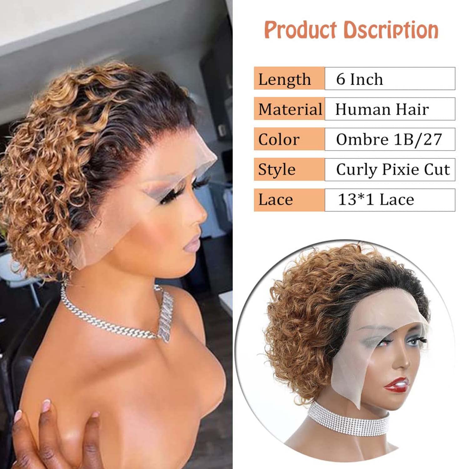 Natural Black Short Curly Pixie Cut Wig with Lace Front - 6 Inches | Hand-Tied & Plucked