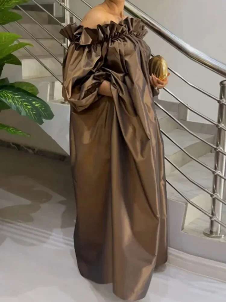 Bonboho Women's Loose Off-The-Shoulder Puff Sleeves Solid Color Pleated Floor Length Party Dresses Summer Falbala Dress