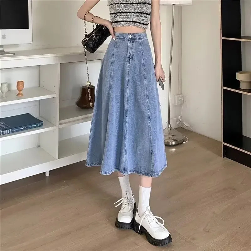 Elastic waist denim long skirt womens skiing summer retro weight loss high waisted Aline drawstring Versatile umbrella dress 250417