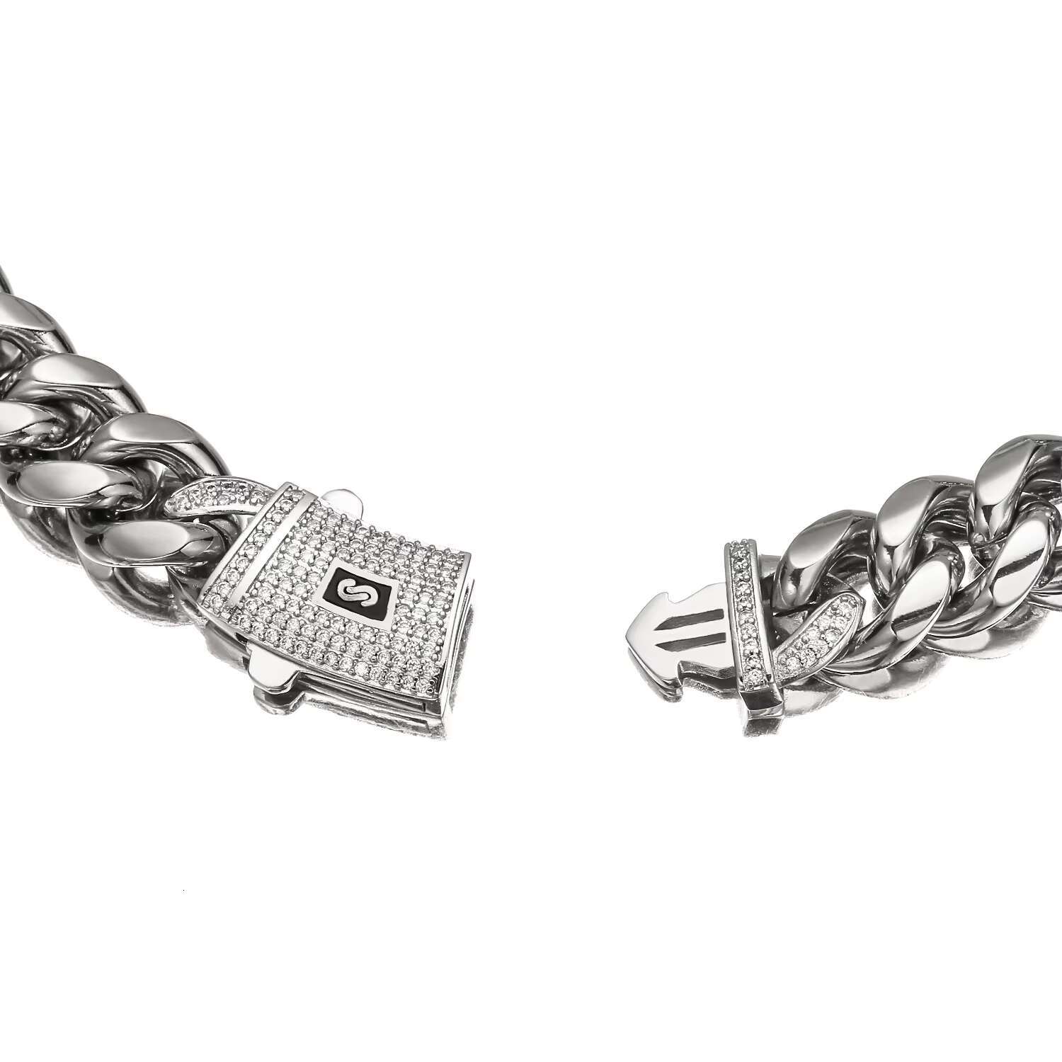 Hip Hop Miami Silver Jewelry for Men Stainless Steel Iced Clasp Link Chain-Cuban Cadena Cubana for Gift Zircon Pearl Main Stones