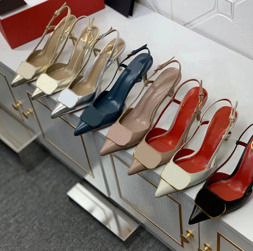 V-buckle heels 2024 new French pointy thin with temperament sexy everything with a small number of words with red soled sandals