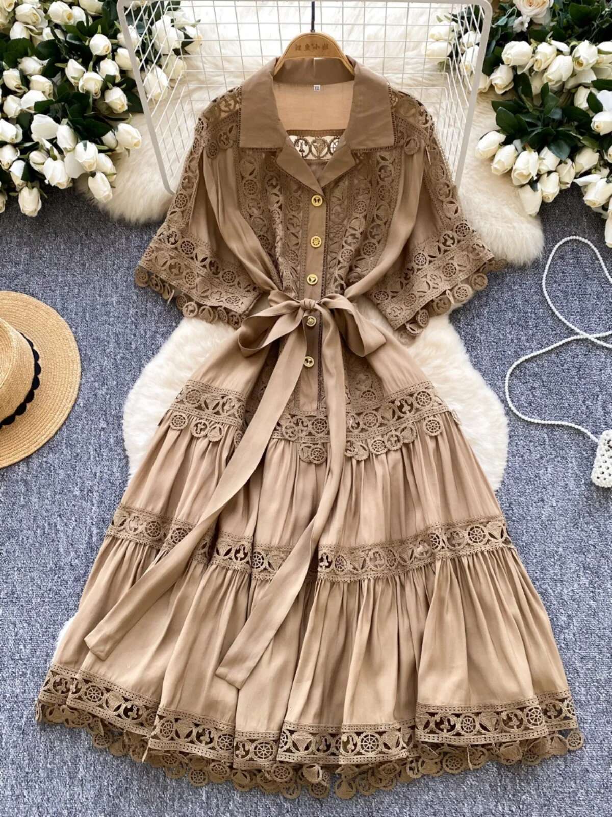 Hollow Out Midi Dresses Shirt Women Summer Holiday Elegant Single Breasted Button Lace Belt Embroidery Party Long Vestido