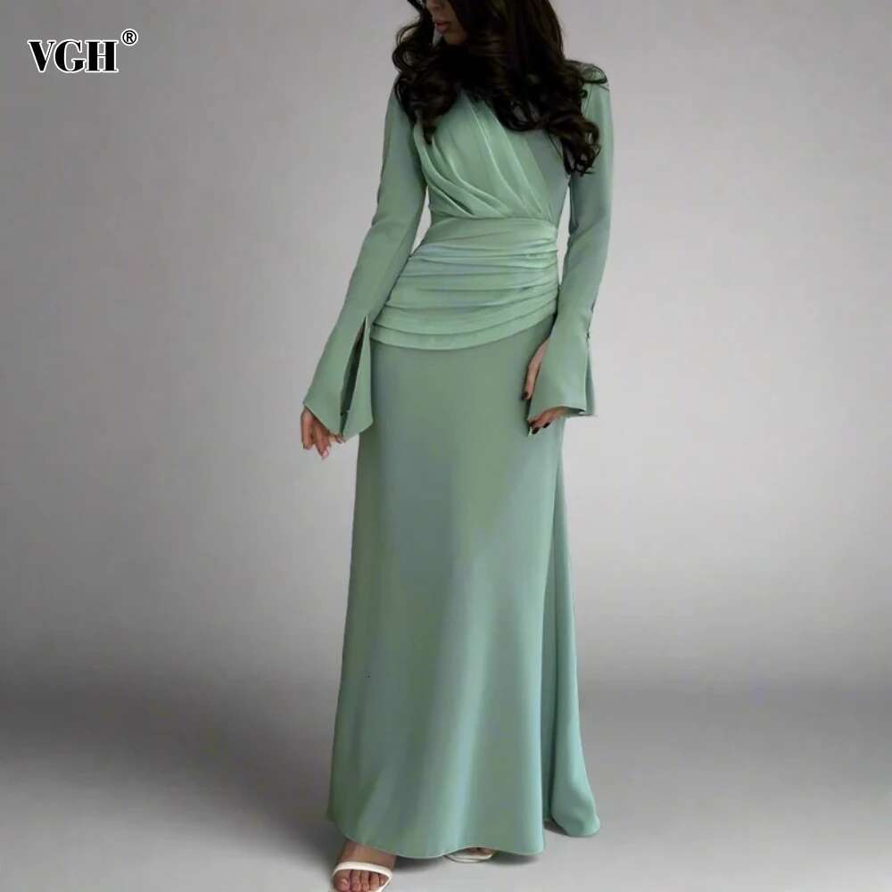 VGH Temperament Solid Pleated Long Dresses For Women V Neck Flare Sleeve Spliced Crisscross Lace Up High Waist Slim Dress Female