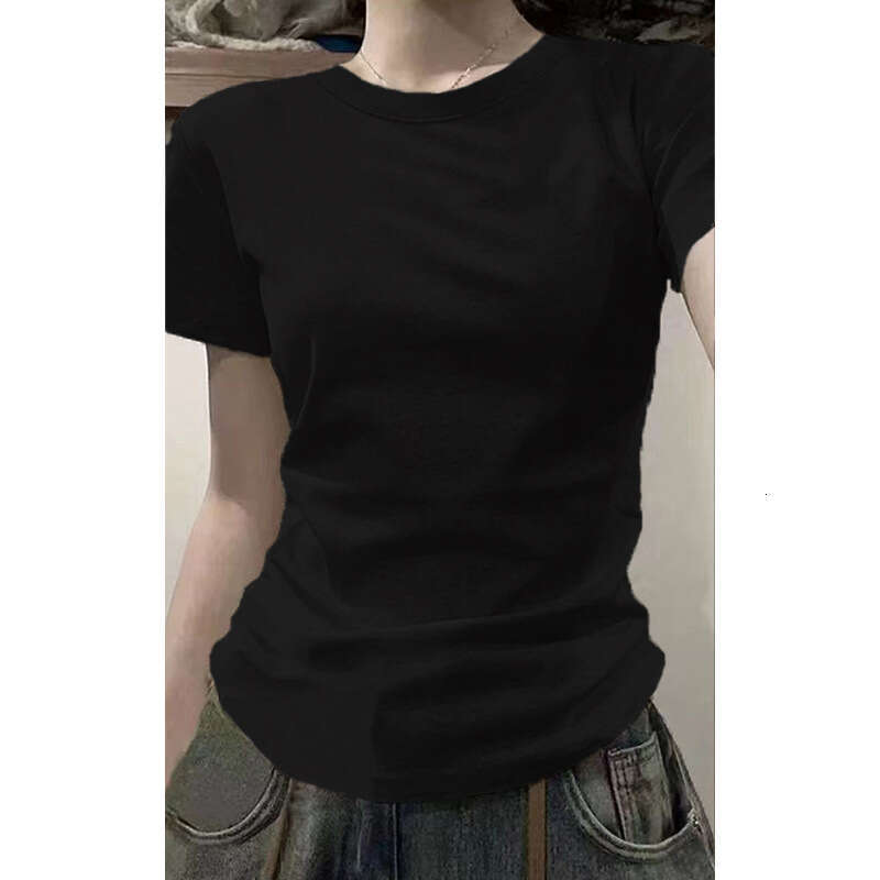 Pure cotton American V-neck shoulder short sleeved T-shirt for women in the summer of 2025, basic with inner lining and college style top