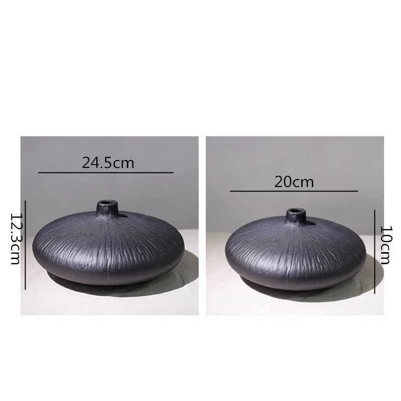 Ceramic Vase Round Black Strips Handmade Flower Arrangement Ceramic Handicraft Furnishings Modern Home Decoration Desktop C251124
