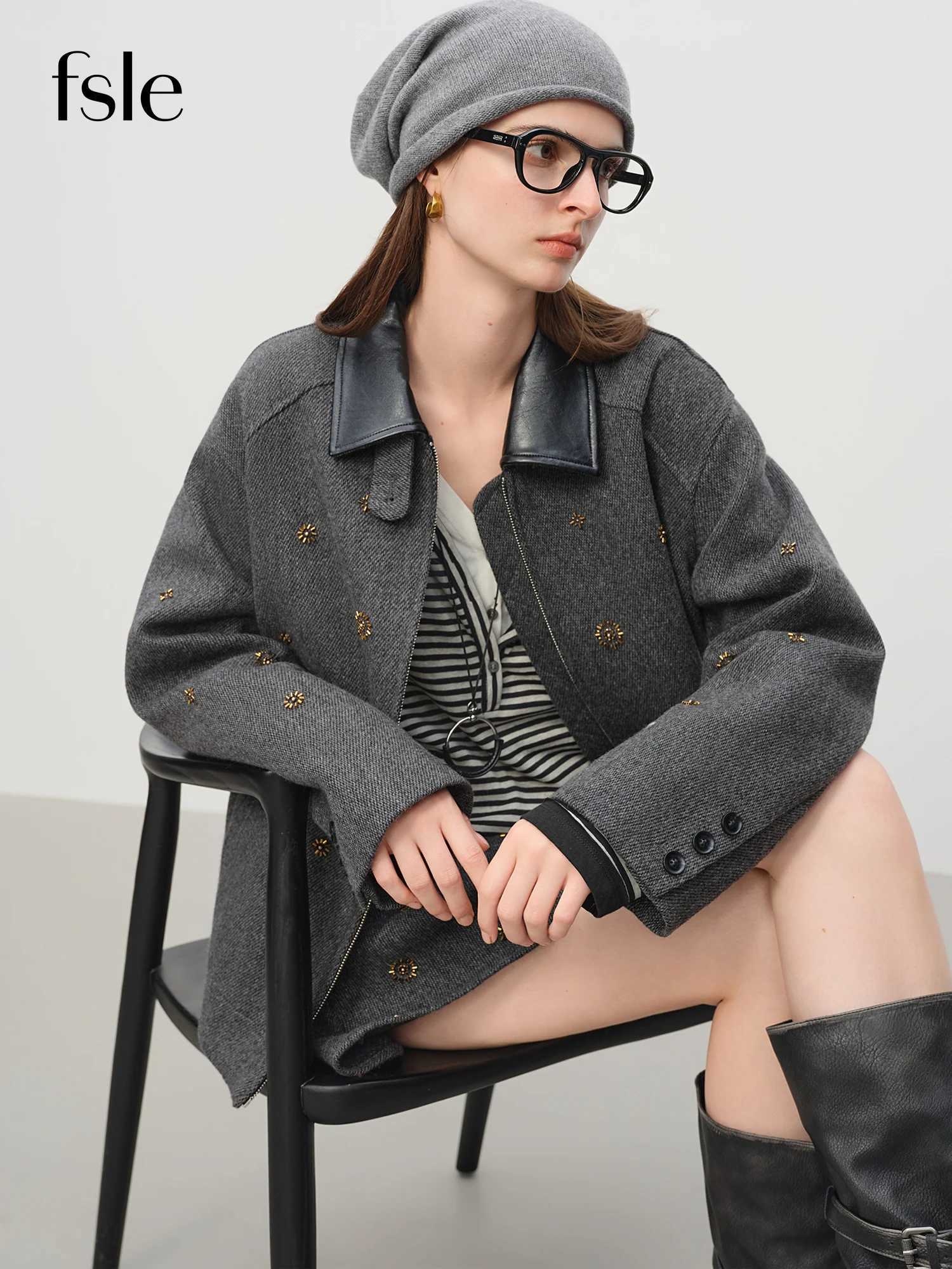 FSLEPremium SeriesWool Embroidery Patchwork Tweed Coat Women 2025 Winter New Jacket Turn Down Collar Commuting Age-reducing J251124
