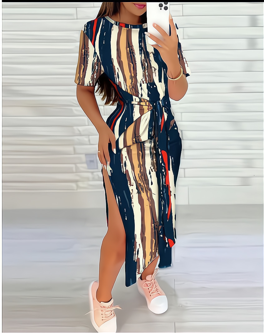 2023 Summer Round Neck Geometric Printed Bag Hip Dress for Women