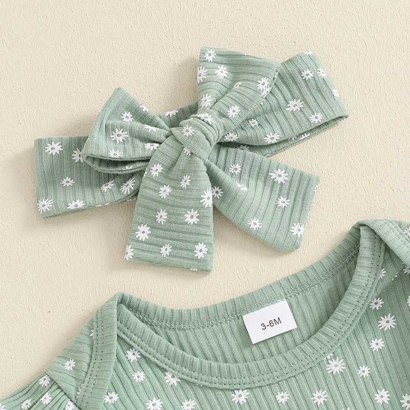 Clothing Sets 2024-05-22 Lioraitiin Baby Girl Fall Outfit Floral Long Sleeve Ribbed Romper Elastic Waist Pants with Bow Headband 3 Piece Set R250424