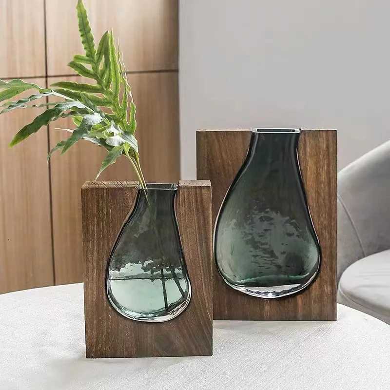 Solid Wood Transparent Glass Vase for Home Decor Crystal Flower Vase Modern Centerpiece for Living Room/Hotel Lobby Decoration C251124