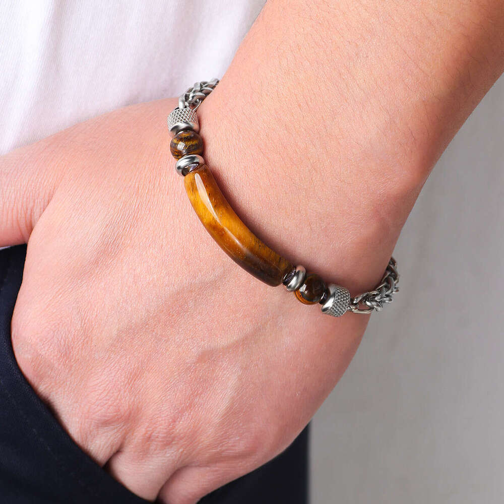Natural for men, trendy, fashionable, personalized, and cool. Titanium steel chain splicing tiger eye stone men's bracelet