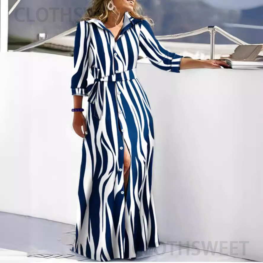 2023 autumn new fashionable long sleeved printed shirt skirt long dress for women
