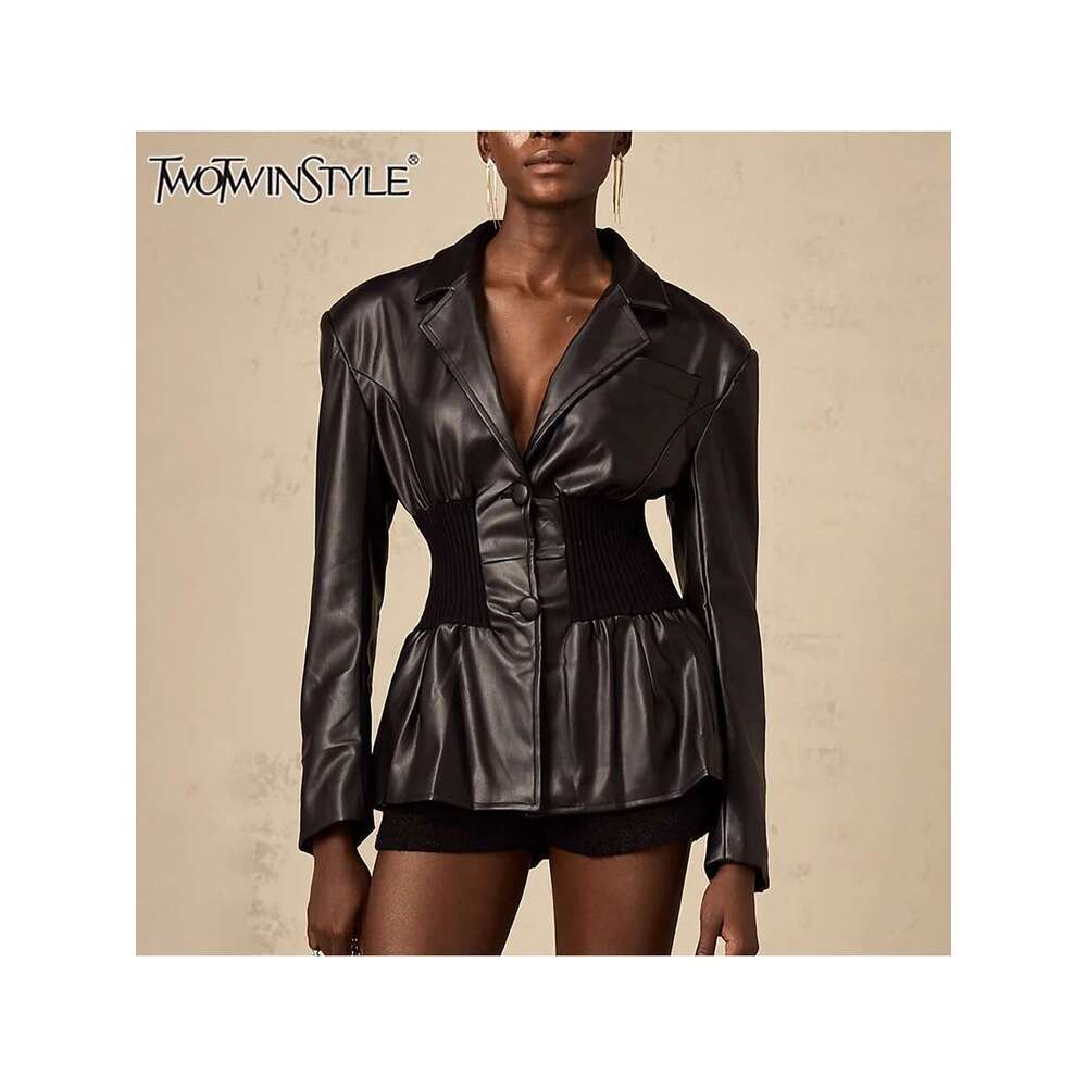 TWOTWINSTYLE Solid Spliced Button Loose Jackets For Women V Neck Long Sleeve Tunic Designer Coats Female Style Fashion