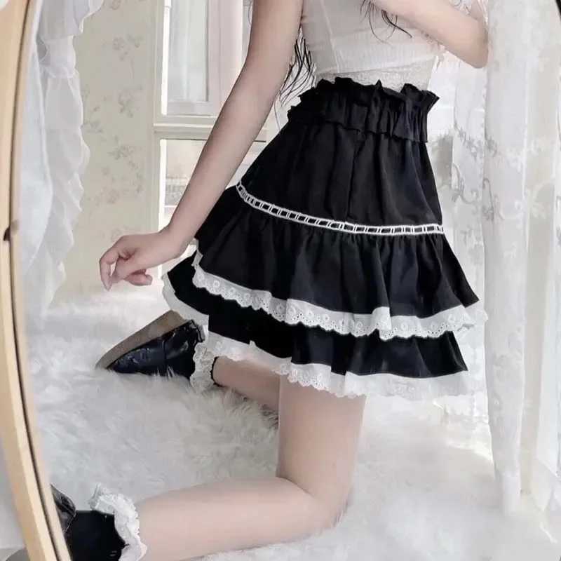 Lace Ruffle A-line Skiing Womens High Waist Tutu Elastic Waist Lolita Sweet Cute Preparatory Style Faldas Black Cake Skiing M250424