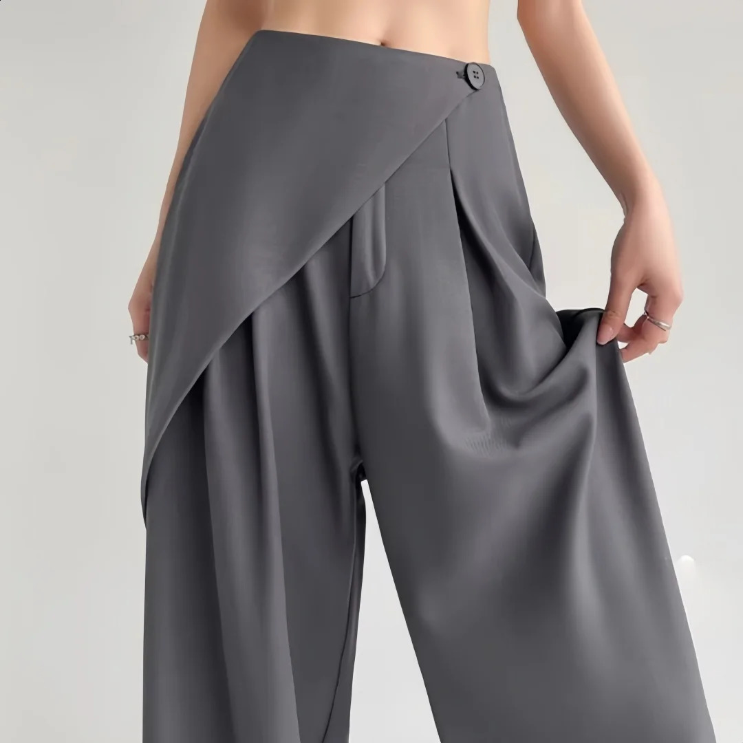 Spring Summer Irregular Wide Leg Suit Pants Women 2025 Button High Waist Straight Casual Loose Korean Trousers Female 250421
