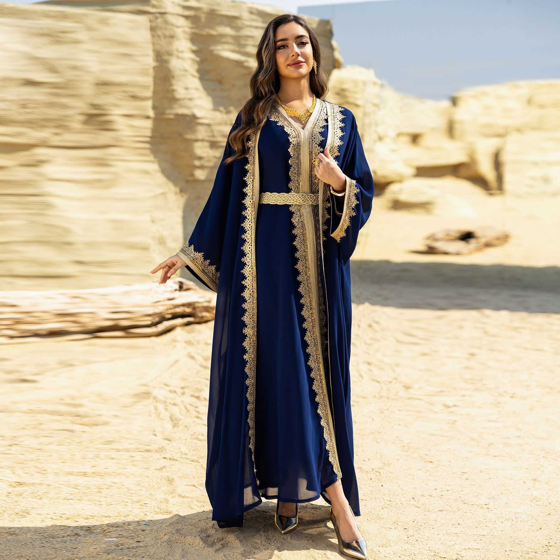 Lace trim woven belt splicing long robe two-piece set with waist belt chiffon dress L251124