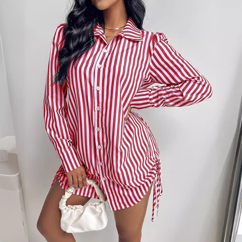 2024 Autumn Fashion Sexy Two Sided Drawstring Shirt Dress for Women