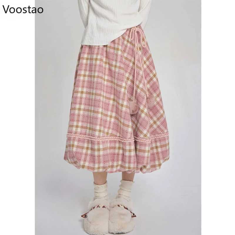 Pink checkered retro skiing autumn womens preparatory style chic plush ball elegant Midi skiing Korean women Y2k A-Line skiing M250424
