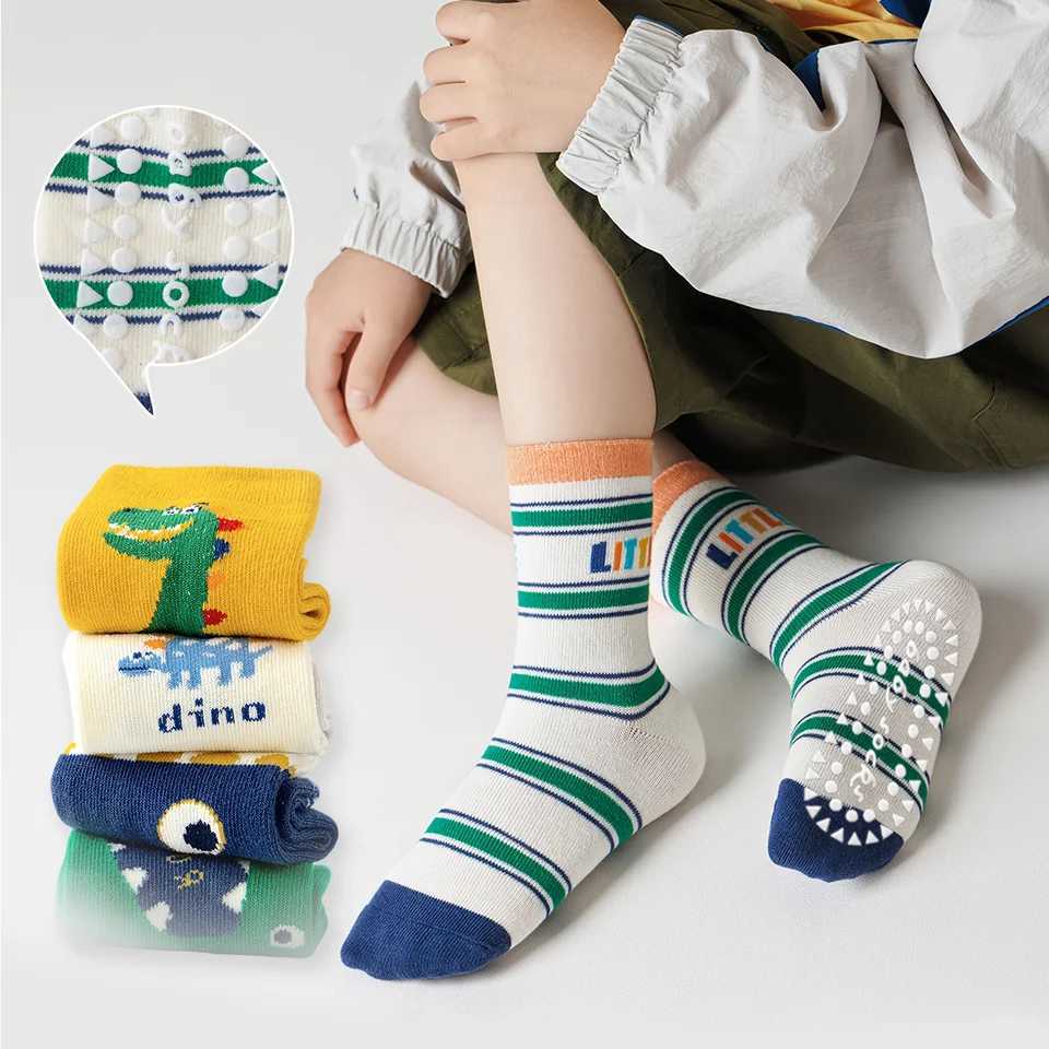 5 Pairs of CHIldrens Floor SOCKS with Letter Stripes BigEyedD inosaurP atternB oysa ndG irlsB abyT oddlerS oftSoledIn doorNo nSlipMid CalfSock sSuit a