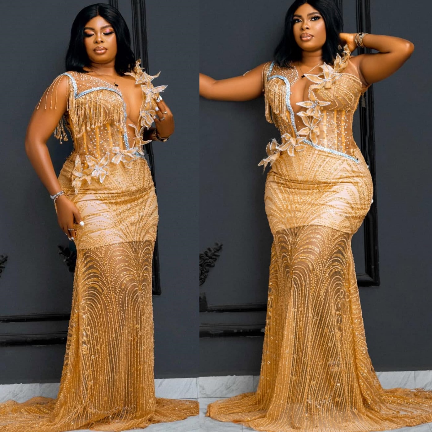 Mermaid Gold Plus Size Prom Dresses 2025 Crystals Flowers Sequined Illusion Evening Formal Party Second Birthday Engagement Gowns Dress For Special Oc