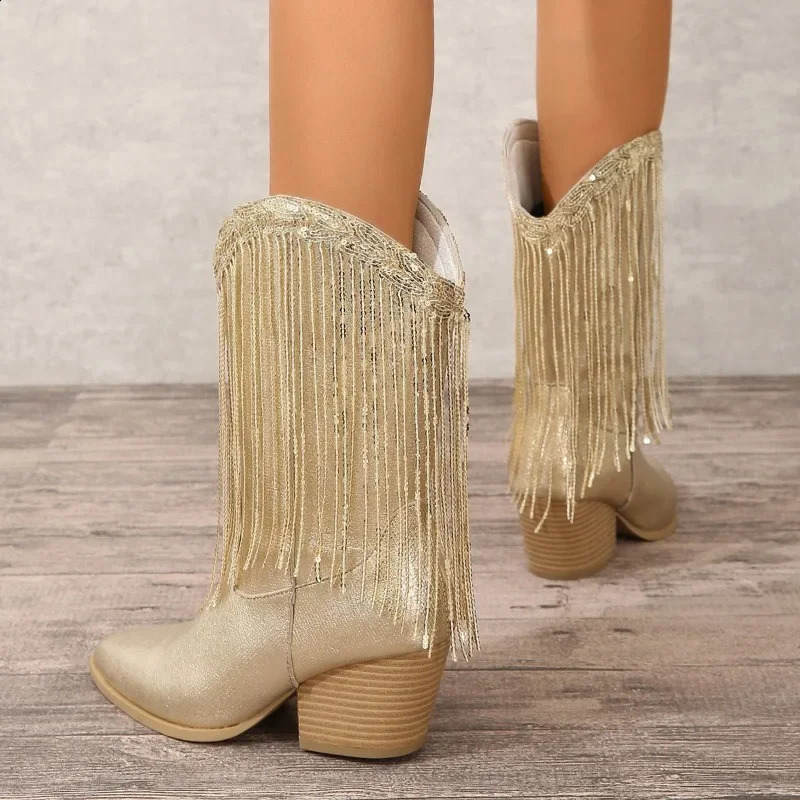 Shoes for Women Fringed Sequin Fashion Womens Boots Comfortable Square Heel Modern Boots Gold Platform Boots 250418