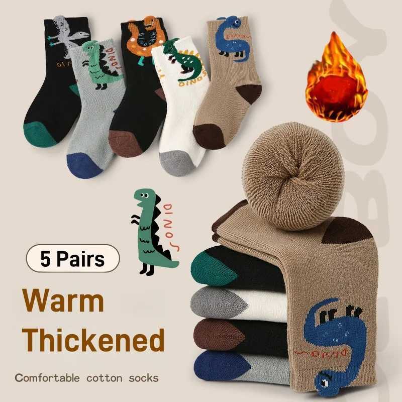 1-12T Childrens Winter Socks Baby Cartoon Dinosaur Pattern Warm Socks Boys Thicken Cotton Thermal Socks Mid Calf 5 Pairs G251124