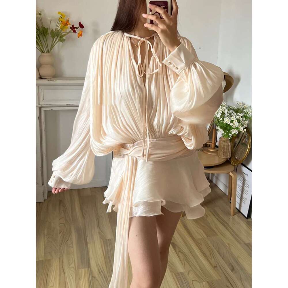 TWOTWINSTYLE Solid Blouse Mini Dresses For Women V Neck Long Sleeve Spliced Lace Up Sweet Style Dress Female Clothing Fashion