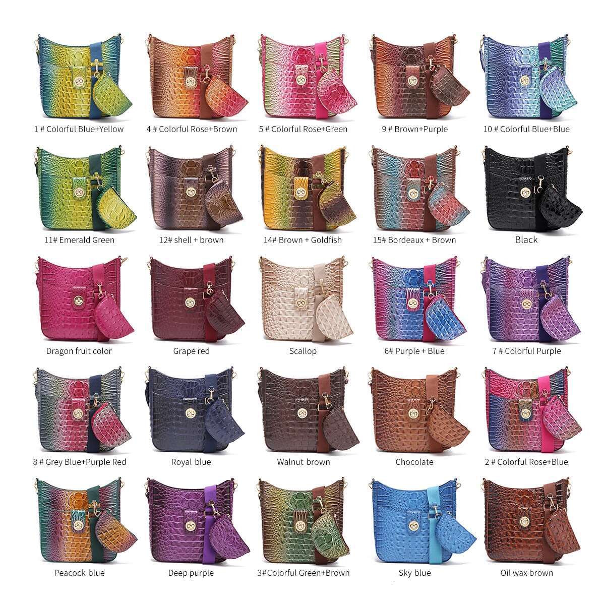 Creative Solid Color Crocodile Pattern Single Shoulder Crossbody Bag 2-Piece Set With Coin Purse