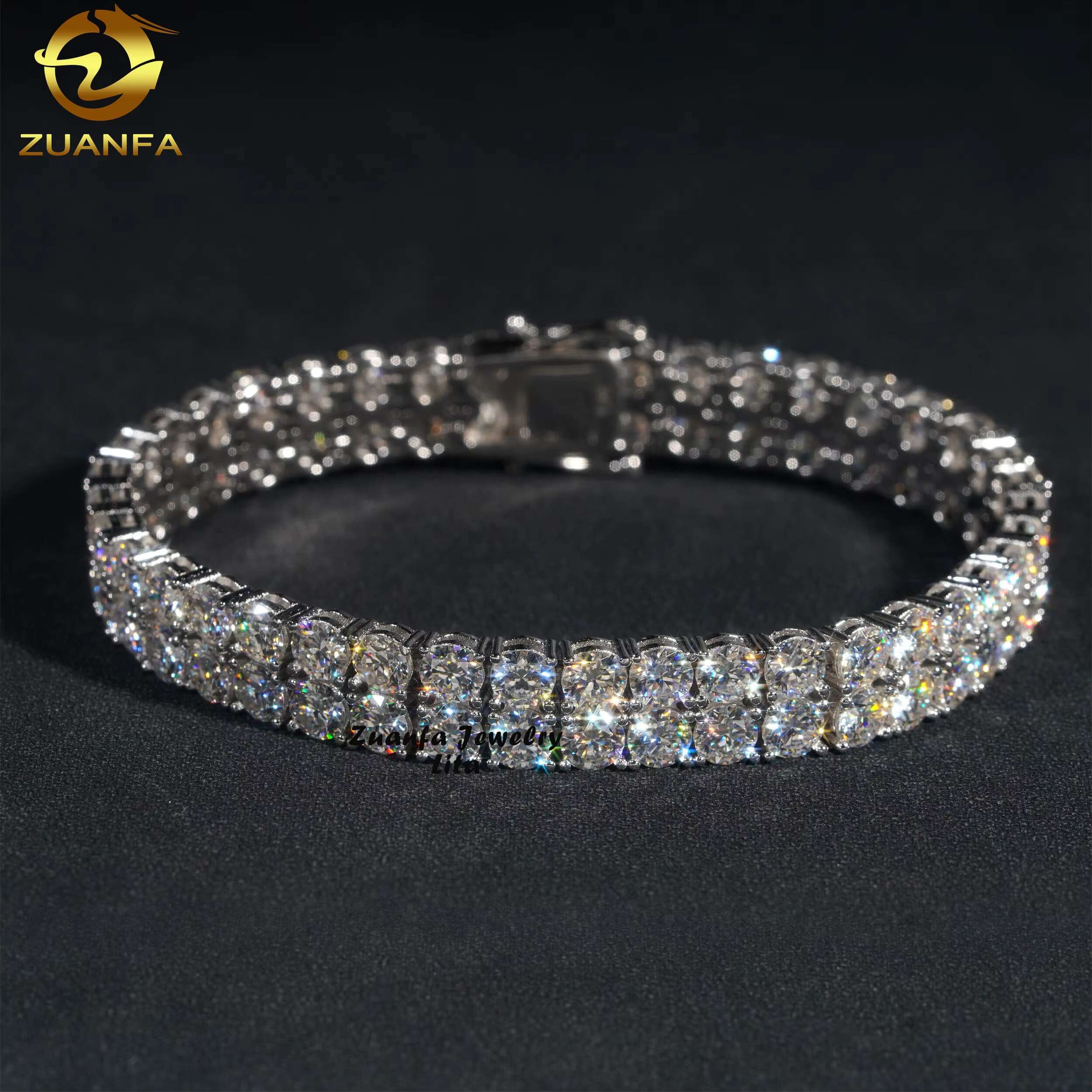 Hip Hop Rapper D Color VVS Diamond Silver Gold Plated 10mm Two Rows Moissanite Tennis Chain Bracelet