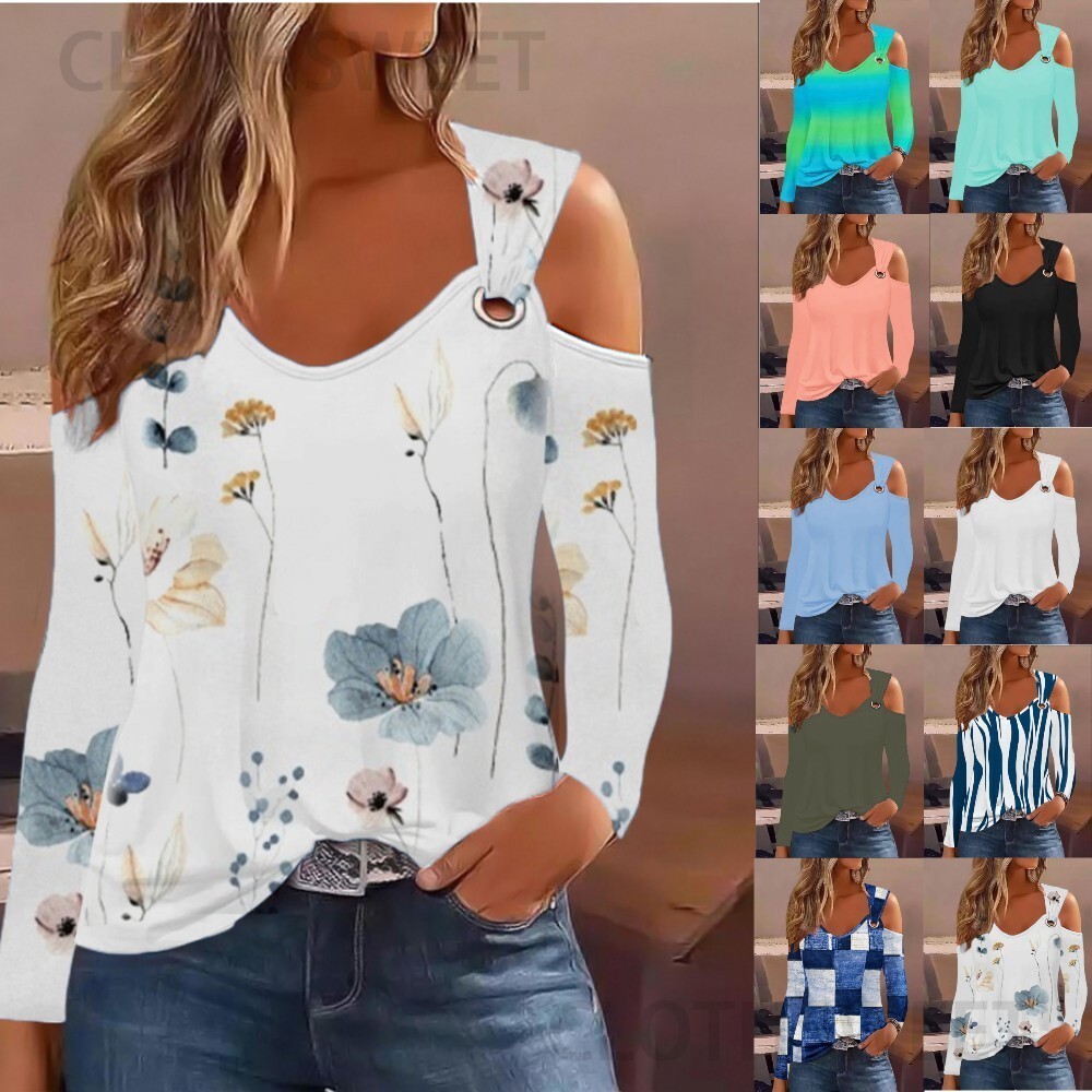 2023 autumn simple metal buckle V-neck shirt womens round neck shirt
