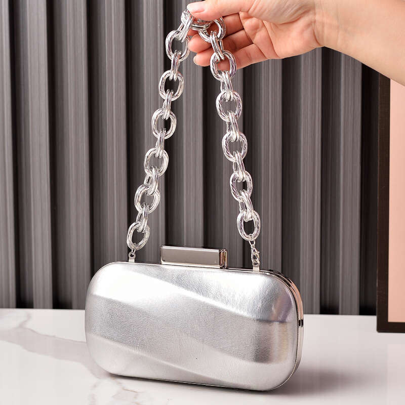 Dinner Bag New Metal Textured Banquet Silver Glossy Leather Party Chain Bride Evening Dress Bag KQ