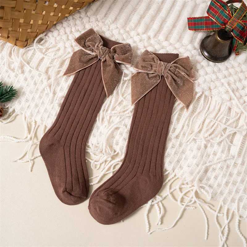 Baby Girls Knee High Socks Autumn Winter Kids Big Bow Long Soft Christmas Sparkly Sock Cotton Red Children Socken For 0-8 Years G251124